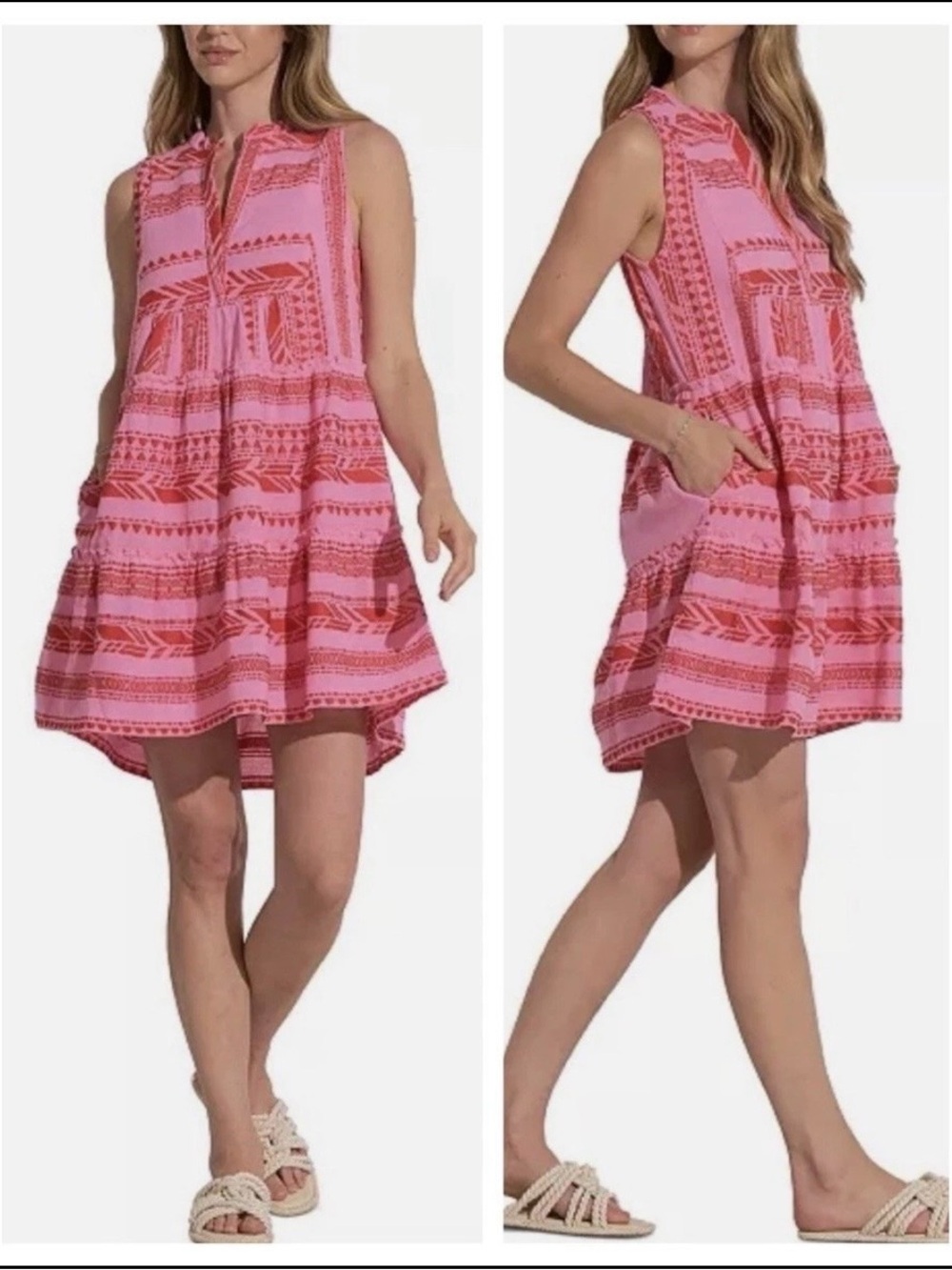 Elan Aztec Pink & Coral Printed Sleeveless Tiered Mini Dress